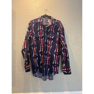Wrangler Western Shirt Mens Large Blue Red Aztec Tribal Pearl Snap Long Slv